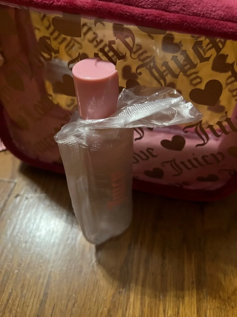 NWT Juicy Couture Clear Cosmetic Bag with Velvet Trim and Juicy Travel Bottle